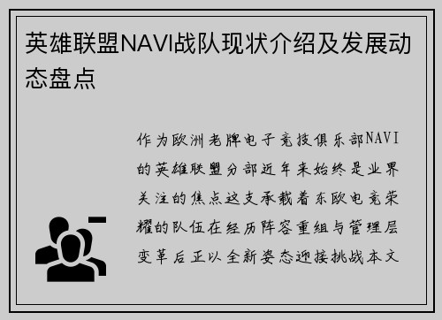 英雄联盟NAVI战队现状介绍及发展动态盘点