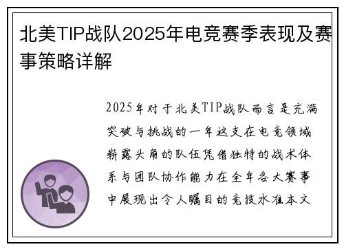 北美TIP战队2025年电竞赛季表现及赛事策略详解
